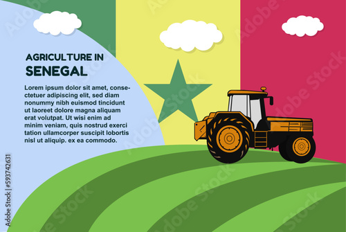 Agriculture in Senegal concept, banner with tractor field and text area, farming and cultivation idea, vector design, agrimotor and plantation with Senegal flag, organic farming photo