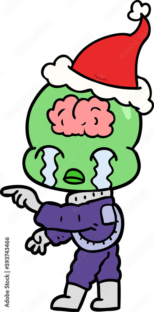 line drawing of a big brain alien crying and pointing wearing santa hat line drawing of a big brain alien crying and pointing wearing santa hat