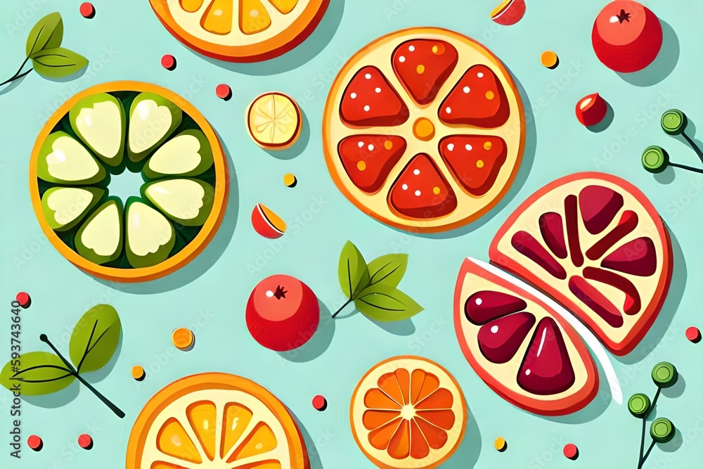 Colorful Food pattern. natural fruit plant simple shape, eco agriculture concept. floral banner or background