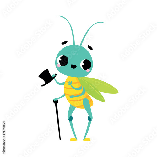 Cute grasshopper gentleman with top hat and walking cane. Funny insect cartoon character vector illustration