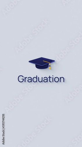 Graduation word loop animation, graduation cap. Vertical video. Blue and yellow colors. Motion design, text animation.