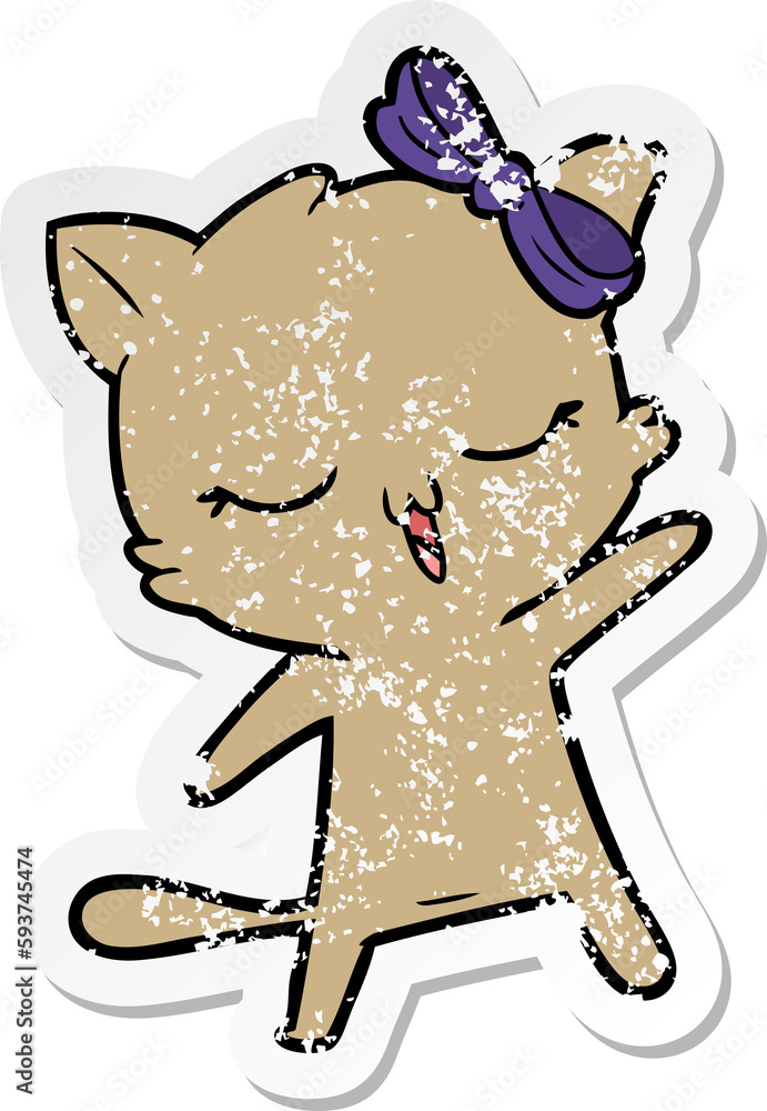Obraz premium distressed sticker of a cartoon cat with bow on head