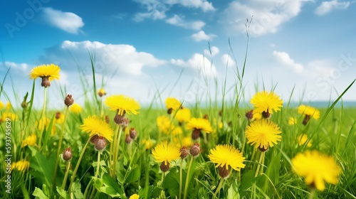 Fresh Grass with Yellow Dandelions Close-up