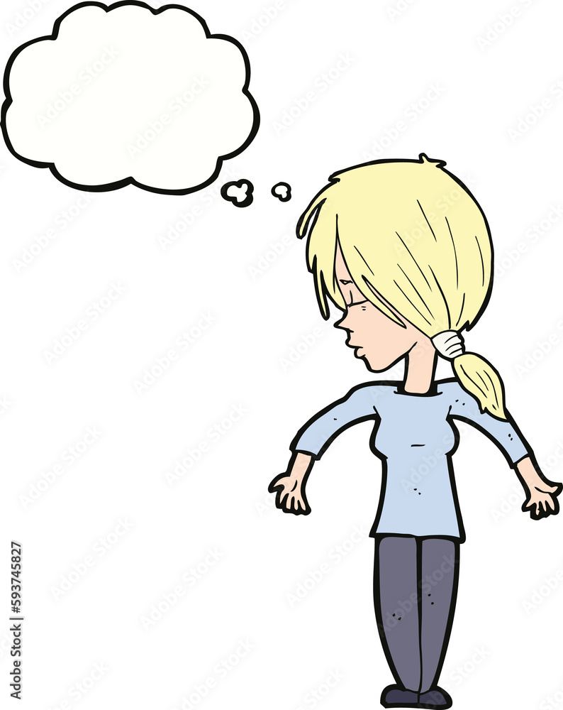 cartoon woman shrugging shoulders with thought bubble cartoon woman shrugging shoulders with thought bubble