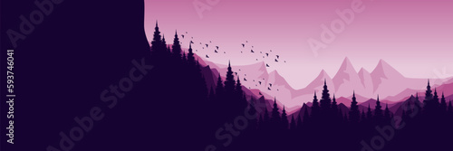 sunset sky nature view with mountain landscape and forest silhouette good for web banner, ads banner, tourism banner, wallpaper, background template, and adventure design