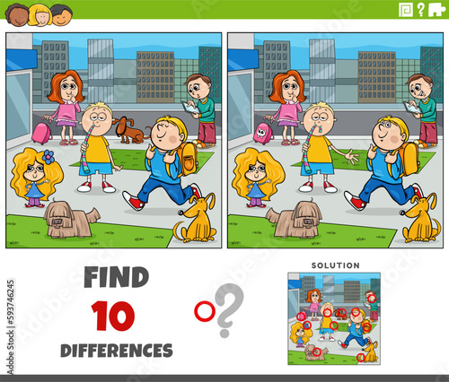 differences game with cartoon children in the city