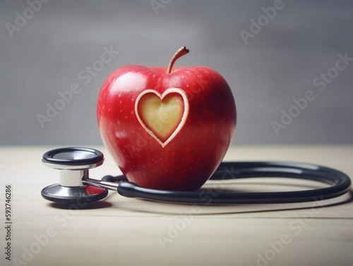 Stethoscope and red apple with heart shape on wood table