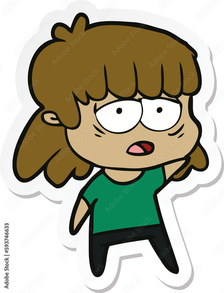 sticker of a cartoon tired woman sticker of a cartoon tired woman