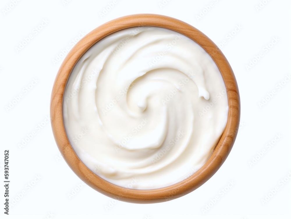 Sour cream in wooden bowl isolated on white background. Top view. Sour cream in wooden bowl isolated on white background. Top view.