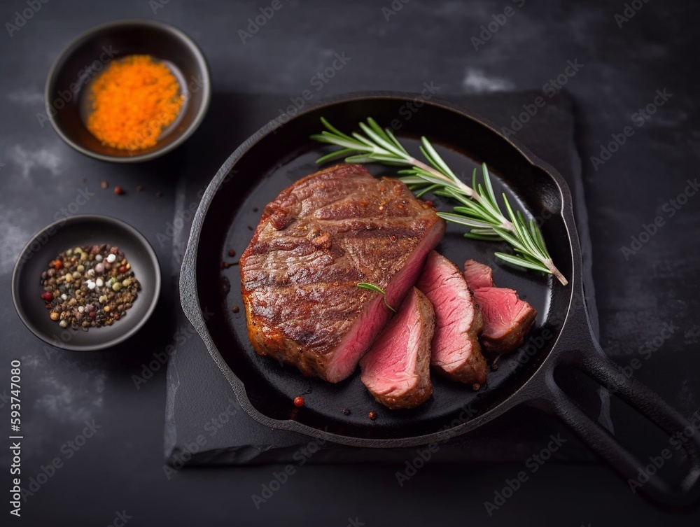 Grilled beef steak with spices and herbs in cast iron pan on black background Grilled beef steak with spices and herbs in cast iron pan on black background