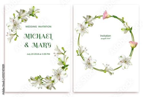 Beautiful white and pink flowers. Floral background. Wedding invitation. Lilies. Eustoma. Lisianthus. Green leaves. Roses. Bouquet. Wreath. Postcard.