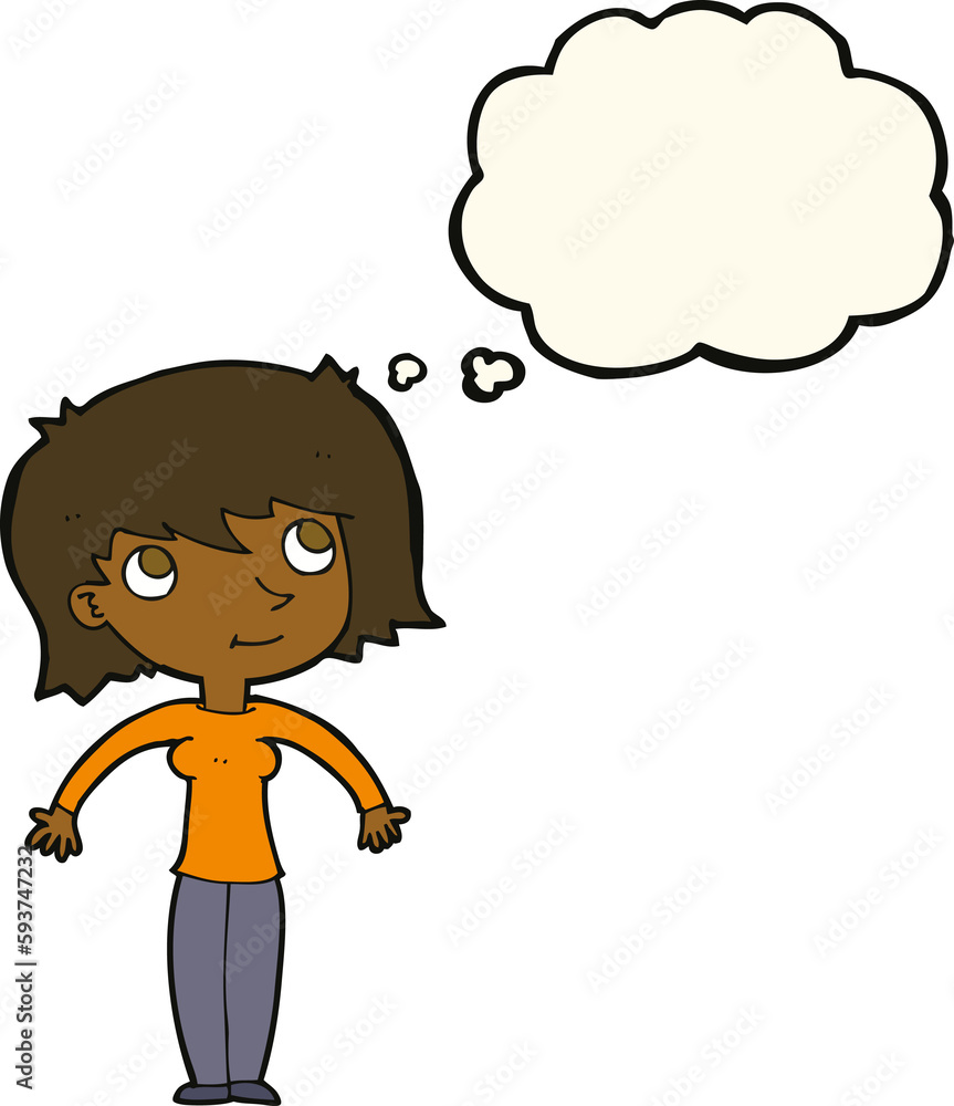 cartoon woman shrugging with thought bubble cartoon woman shrugging with thought bubble