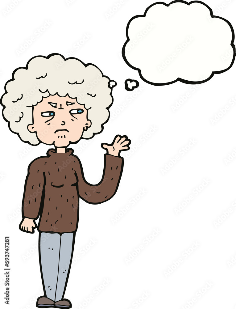 Obraz premium cartoon annoyed old woman waving with thought bubble