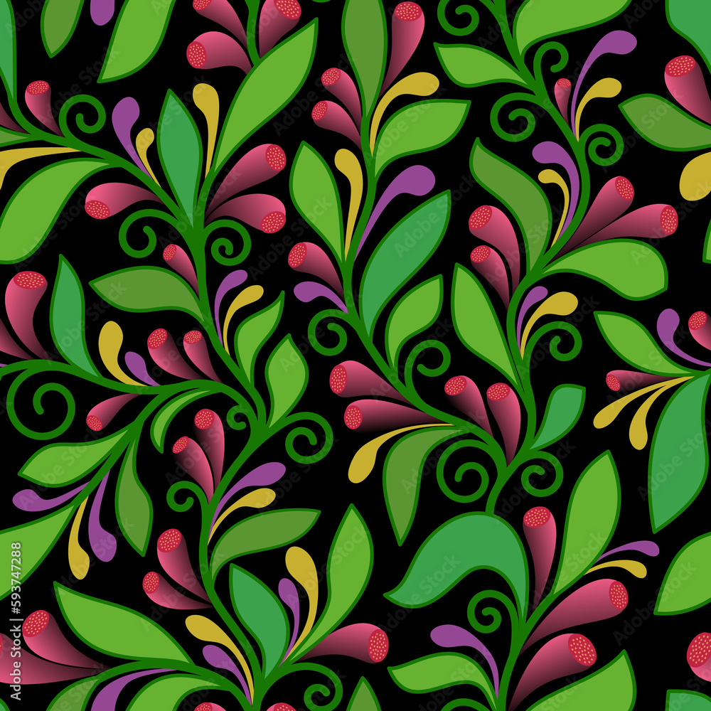 Seamless floral pattern with leaves, flowers and swirls. Seamless floral pattern with leaves, flowers and swirls.