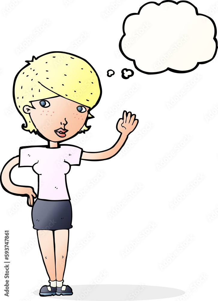 cartoon woman waving with thought bubble cartoon woman waving with thought bubble