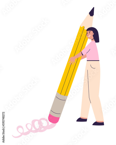 Student holding big pencil. Smiling young character, artist, erasing mistake. Education, correct, delete, mistake concept. Back to school. Flat cartoon vector illustration