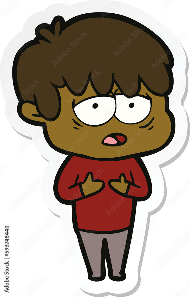sticker of a cartoon exhausted boy sticker of a cartoon exhausted boy