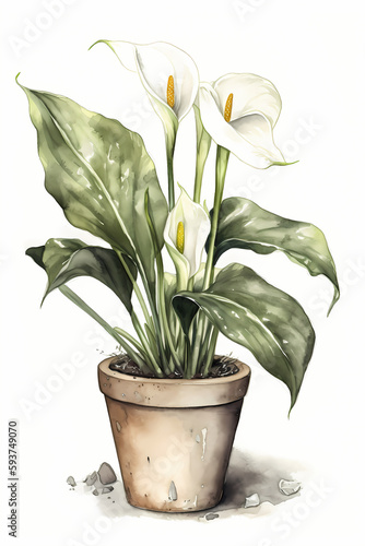Botanical Watercolor Illustration of Arum Lily in Pot. Generative AI