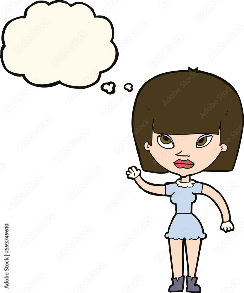 cartoon woman waving with thought bubble cartoon woman waving with thought bubble