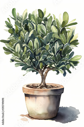 Botanical Watercolor Illustration of Bay Tree in Pot. Generative AI