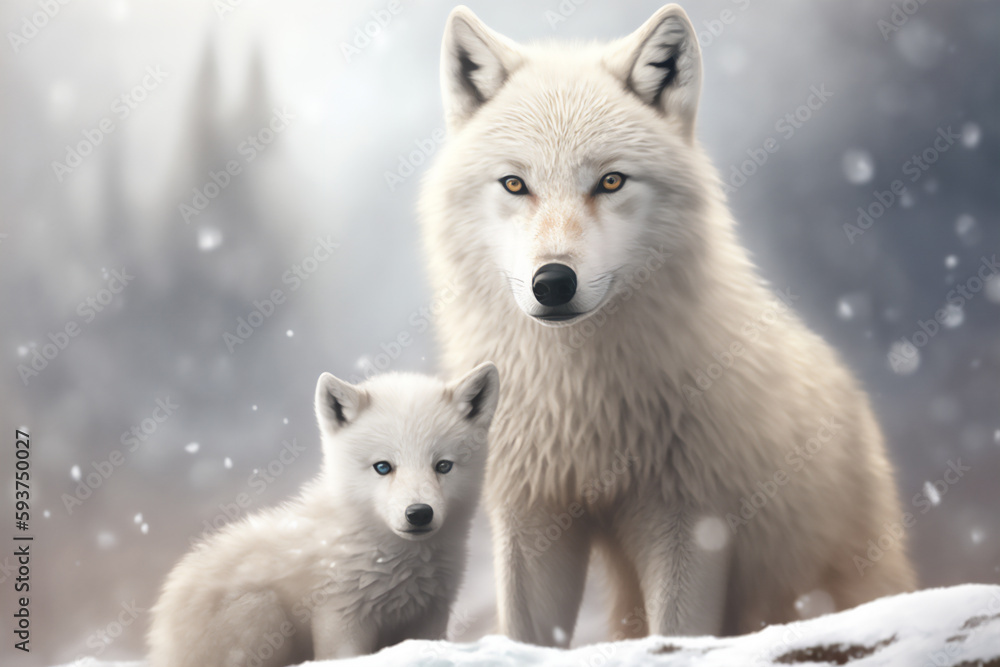 Portrait of a white arctic wolf with her baby in the snowy day into the forest. Generative AI illustration.