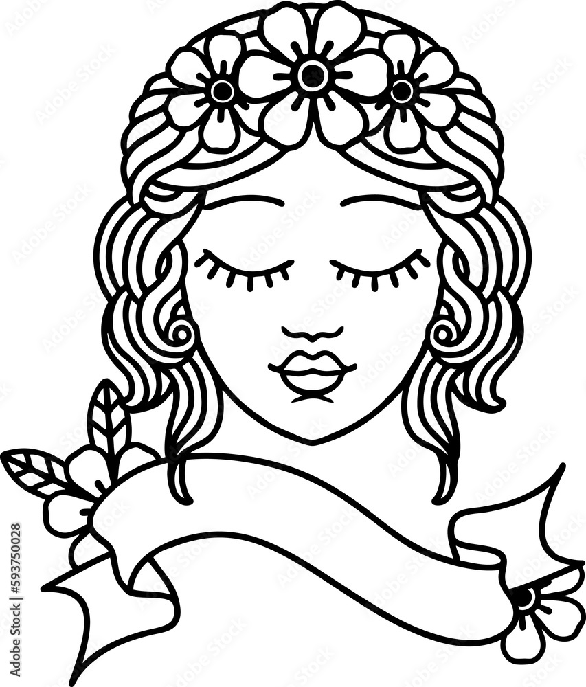 black linework tattoo with banner of a maidens face black linework tattoo with banner of a maidens face