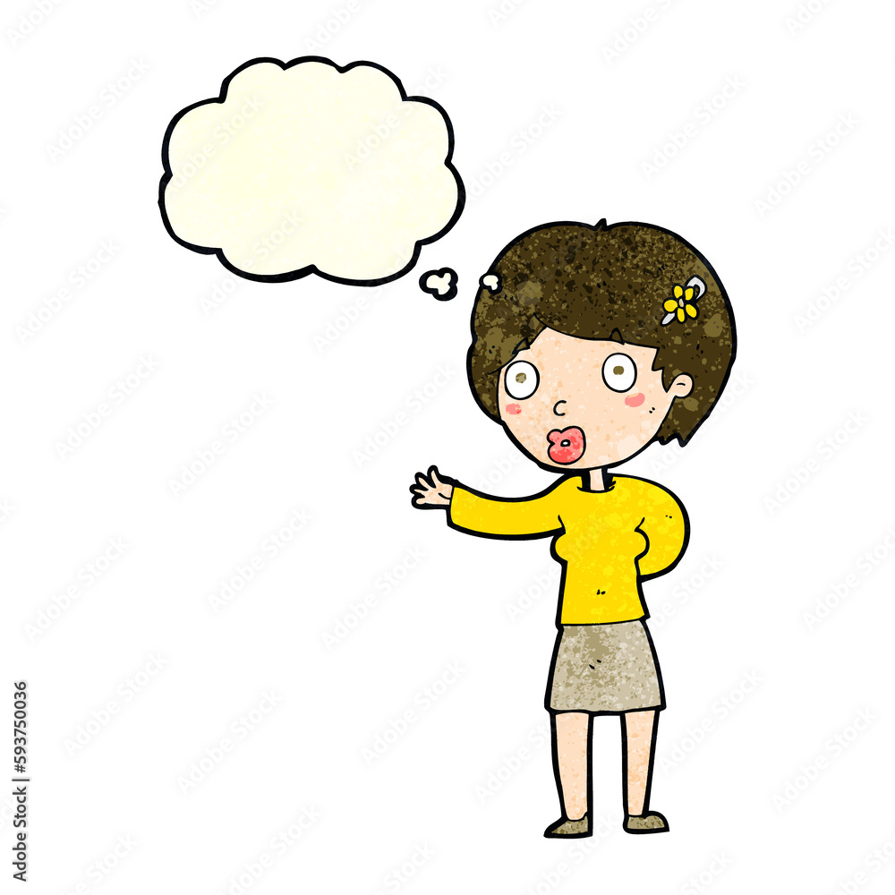 cartoon waving woman with thought bubble cartoon waving woman with thought bubble