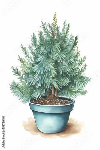 Botanical Watercolor Illustration of Blue Spruce in Pot. Generative AI