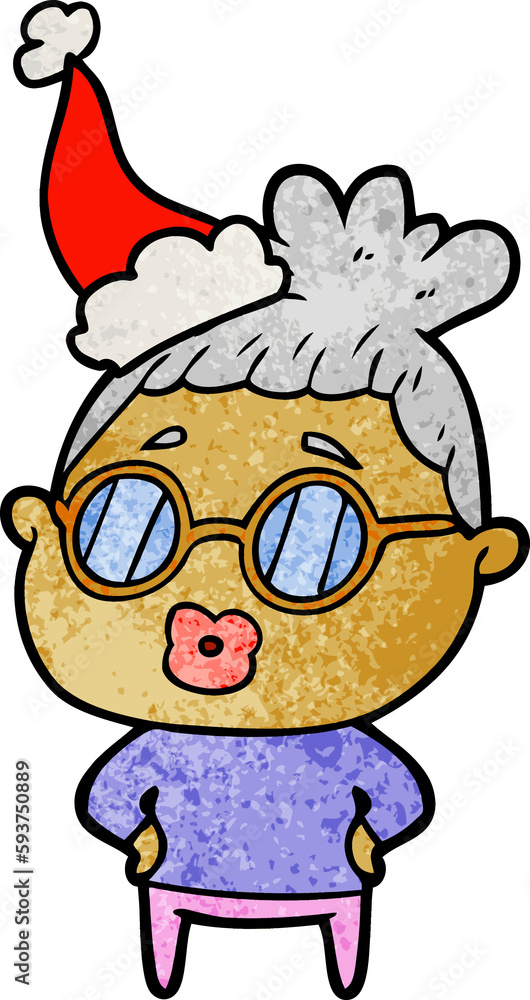 textured cartoon of a librarian woman wearing spectacles wearing santa hat
