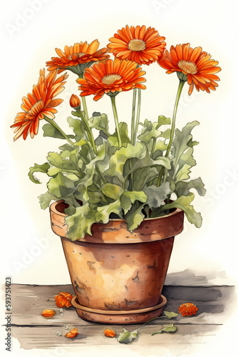 Botanical Watercolor Illustration of Calendula in Pot. Generative AI