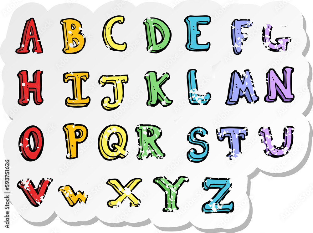 retro distressed sticker of a cartoon alphabet retro distressed sticker of a cartoon alphabet