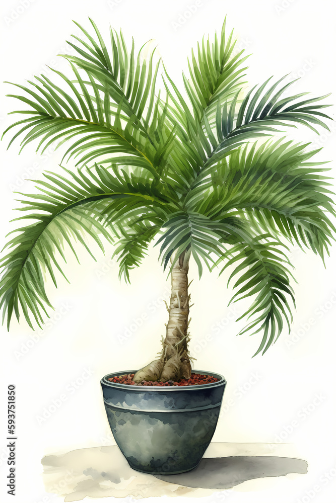 Botanical Watercolor Illustration of Canary Island Palm in Pot. Generative AI