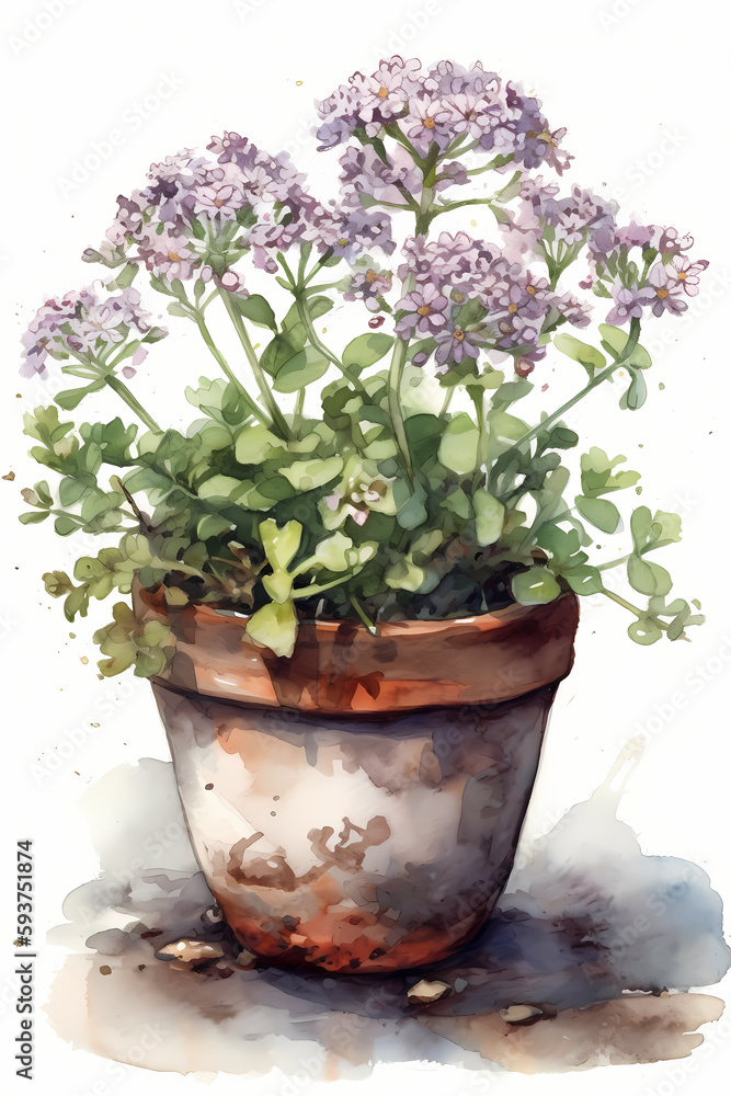 Botanical Watercolor Illustration of Candytuft in Pot. Generative AI
