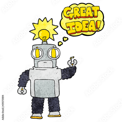 thought bubble textured cartoon robot with great idea