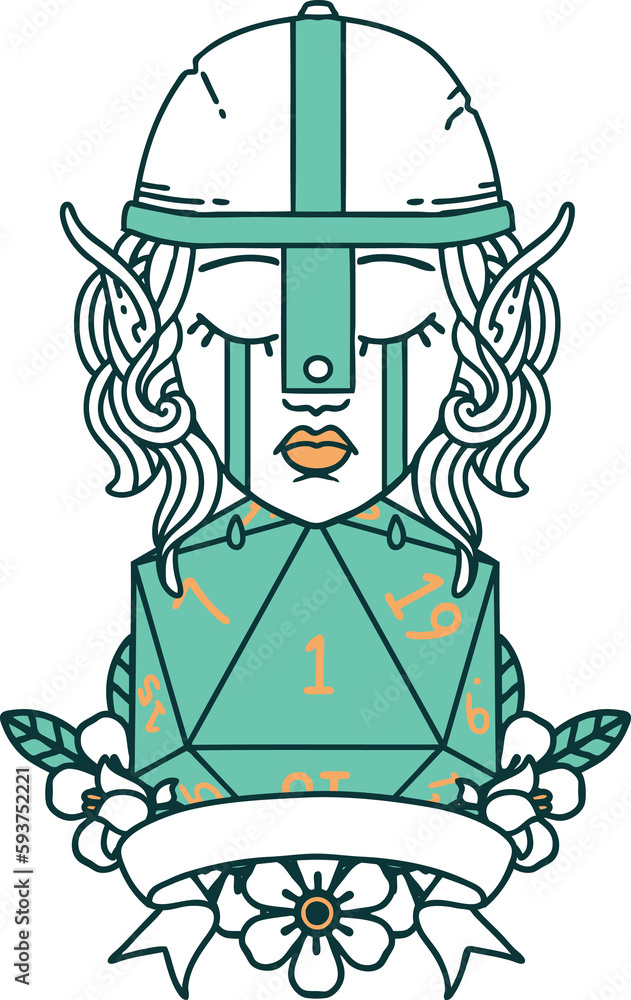 crying elf fighter character face with natural one D20 roll illustration crying elf fighter character face with natural one D20 roll illustration