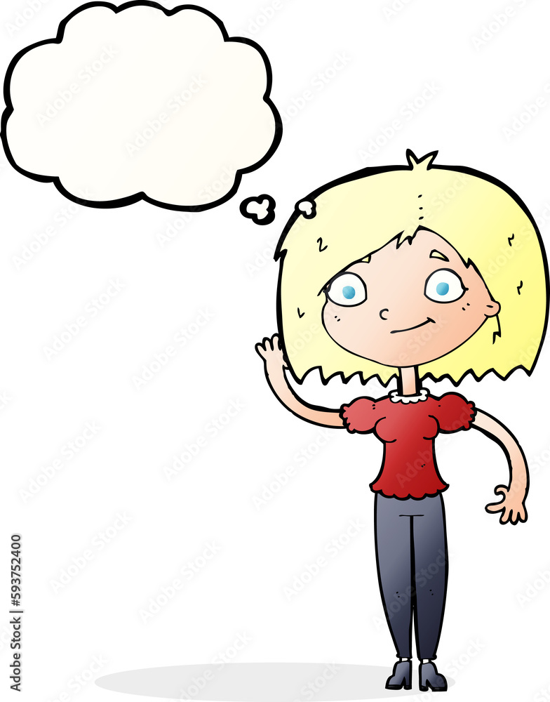cartoon woman waving with thought bubble cartoon woman waving with thought bubble