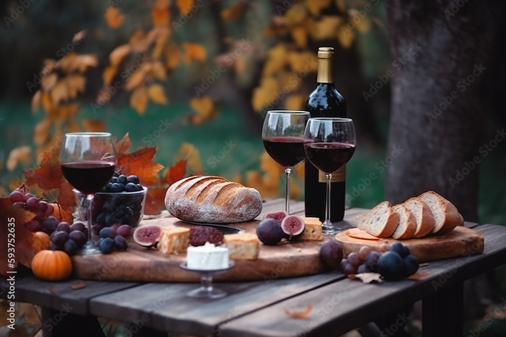 Glasses with red wine, bread, cheese, grape, jamon served for picnic on wooden table outdoors, closeup. Cloudy autumn day. Made with Generative AI Glasses with red wine, bread, cheese, grape, jamon served for picnic on wooden table outdoors, closeup. Cloudy autumn day. Made with Generative AI
