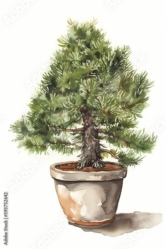 Botanical Watercolor Illustration of Cedar in Pot. Generative AI