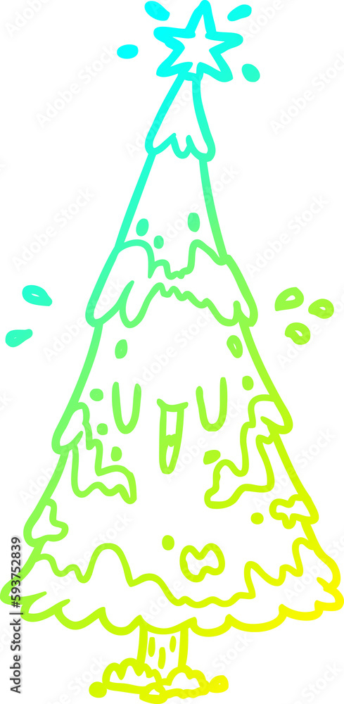 cold gradient line drawing snowy christmas tree with happy face