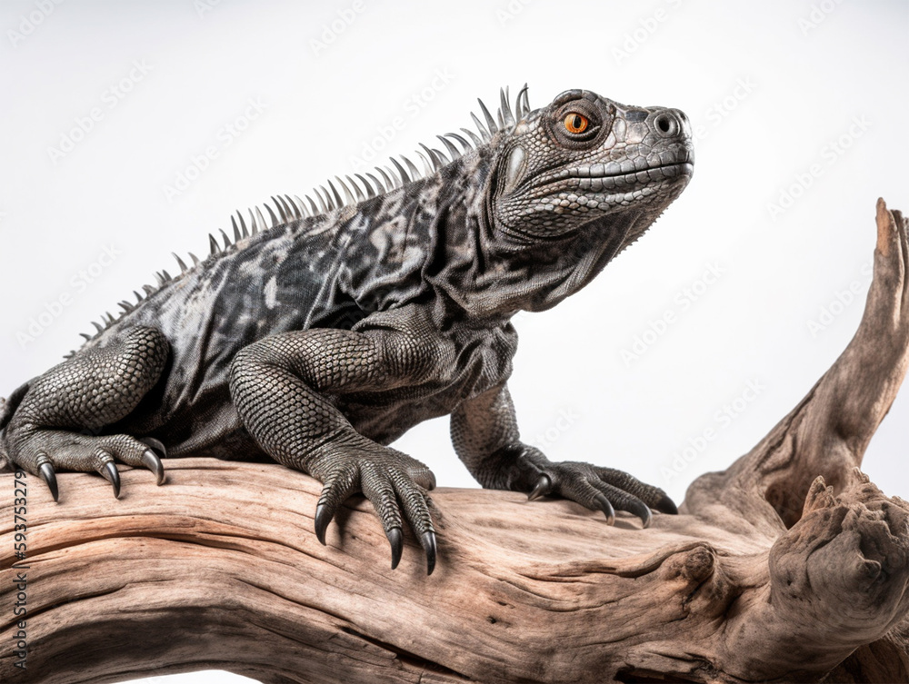 Obraz premium Studio portrait of black iguana on a tree branch. isolated on white background. ai generative