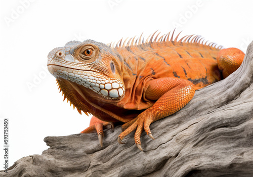 Studio portrait of an orange iguana on a tree branch. isolated on white background. ai generative