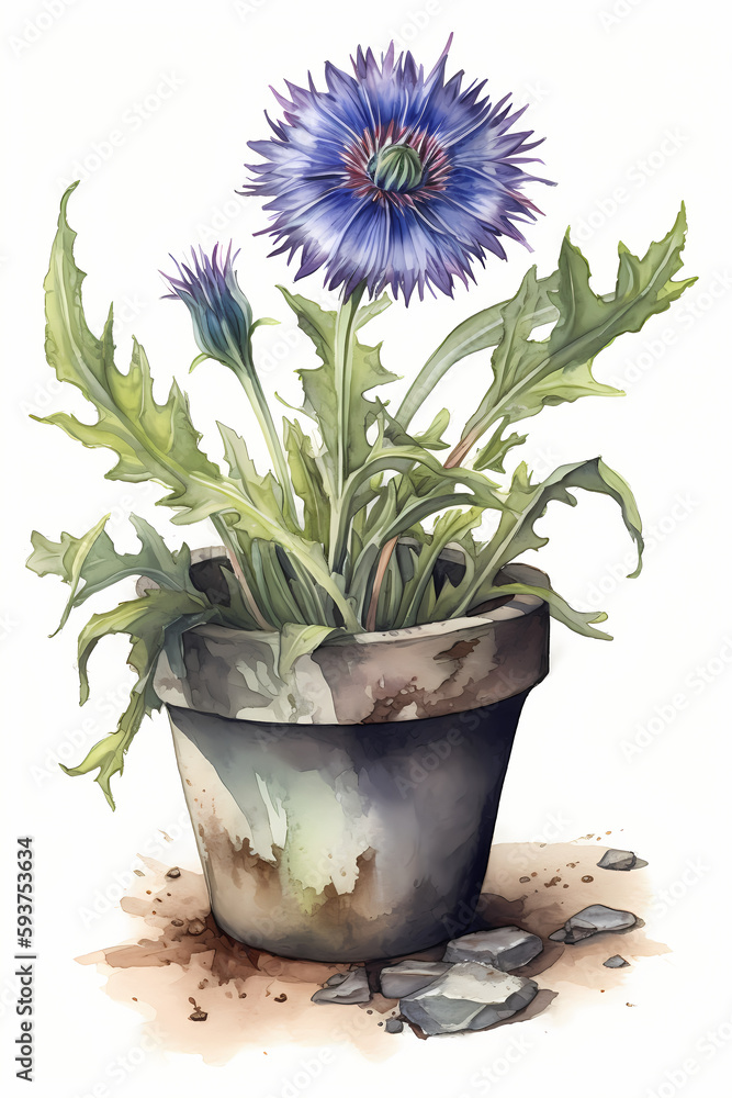 Botanical Watercolor Illustration of Cornflower in Pot. Generative AI