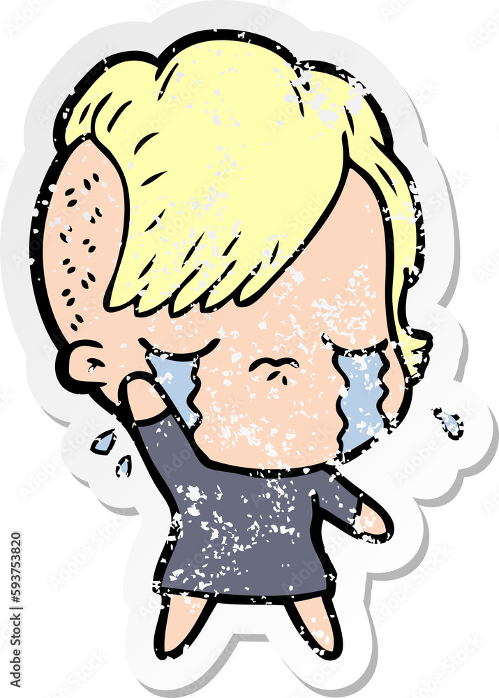 distressed sticker of a cartoon crying girl waving distressed sticker of a cartoon crying girl waving