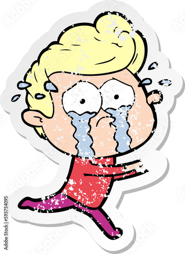 distressed sticker of a cartoon crying man running © lineartestpilot