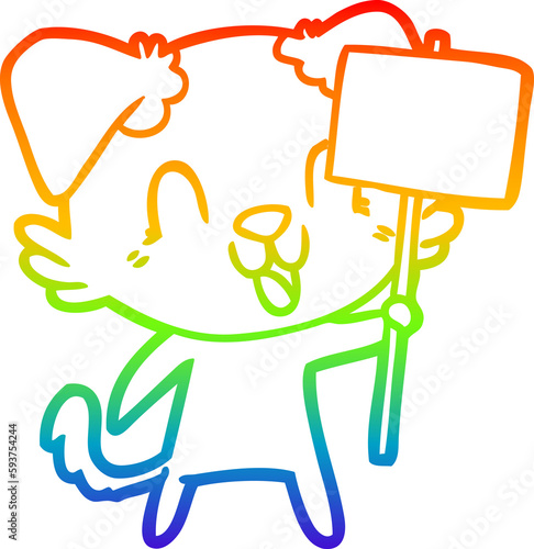 rainbow gradient line drawing laughing cartoon dog with sign © lineartestpilot
