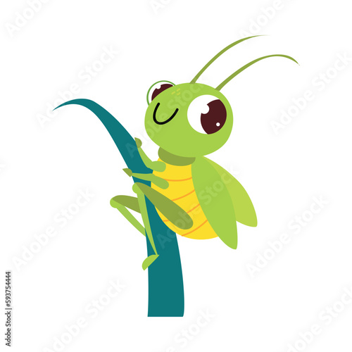 Cute grasshopper sitting on green grass. Funny insect in its everyday activities cartoon vector illustration