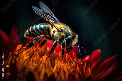 Bee On a Red Flower, Dark Background