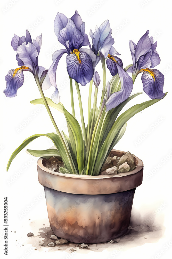 Botanical Watercolor Illustration of Dutch Iris in Pot. Generative AI