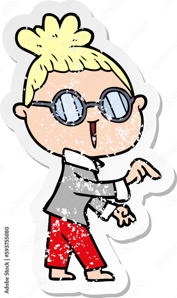 distressed sticker of a cartoon woman wearing spectacles distressed sticker of a cartoon woman wearing spectacles