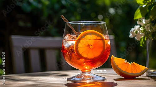 A glass of Aperol spritz on a garden table in summer. Generative AI.